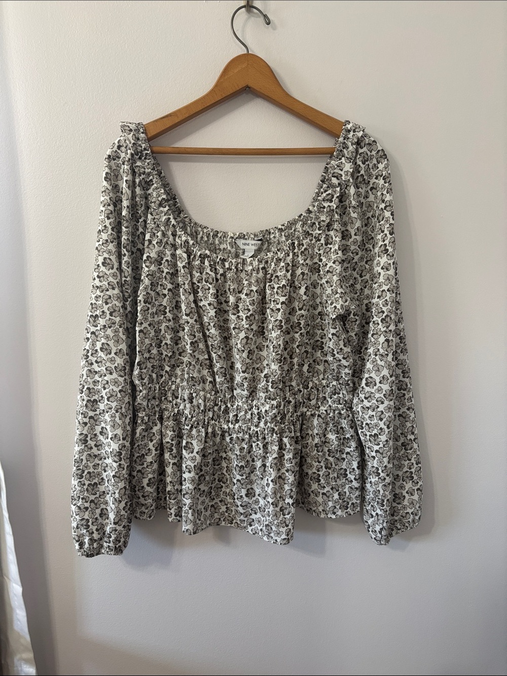 Nine West Black and White Floral Smocked Peasant Top